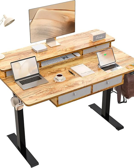 48 * 30 Inches Electric Standing Widened Desk Adjustable Height with 4 Drawers, Double Storage Shelves Stand Up Desk, Home Office Workstation Sit Stand up Desk (Light Rustic Brown)