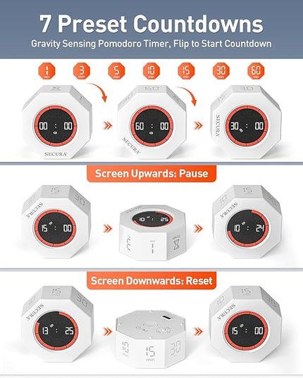Secura Pomodoro Timer, Rotating Cube Time Tracker, Flip Gravity Sensor with 7 Presets(1/3/5/10/15/30/60 Minutes), Visual Progress Bar for ADHD, Kids, Tasks, Work, Study (White)
