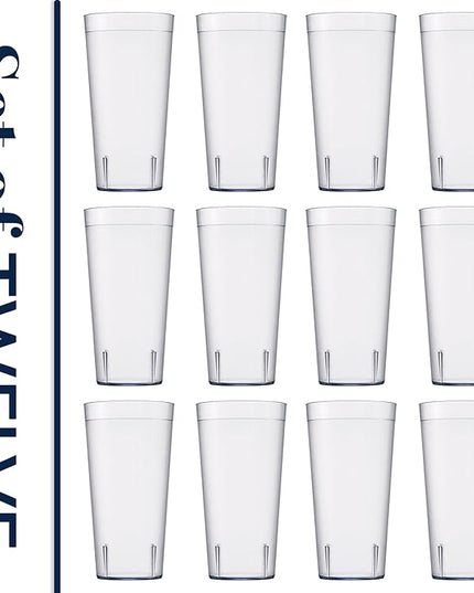 US Acrylic Café Plastic Reusable Tumblers (Set of 12) 32-ounce Iced-Tea Cups Clear | Value Set of Restaurant Style Drinking Glasses, Stackable, BPA-free, Made in the USA | Top-rack Dishwasher Safe
