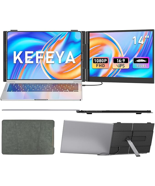 KEFEYA Laptop Screen Extender, 14" FHD 1080P Portable Monitor for Laptops, 0.19" Ultra-Thin Laptop Monitor Extender for 13-17" with USB-C/HDMI Port, Plug n Play for Windows/Mac/Android/Switch/PS5
