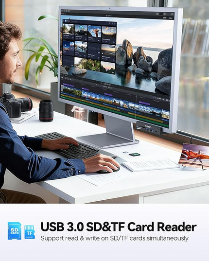ORICO USB Hub 3.2, USB Hub Clamp with Type-C PD 60W Port, 10Gbps Aluminum 6-Port USB Adapter with 2 USB-A 3.2 Ports, USB-C 3.2, SD/TF Card Reader 3.0, AUX, USB-3.2 Splitter for Monitor, Desk