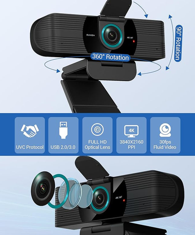 RUWBY UHD 4K Webcam with Built-in Dual Mics, Wide-Angle Lens, Privacy Cover, Tripod Stand, Autofocus Computer Camera, Plug and Play for Desktop PC or Laptop