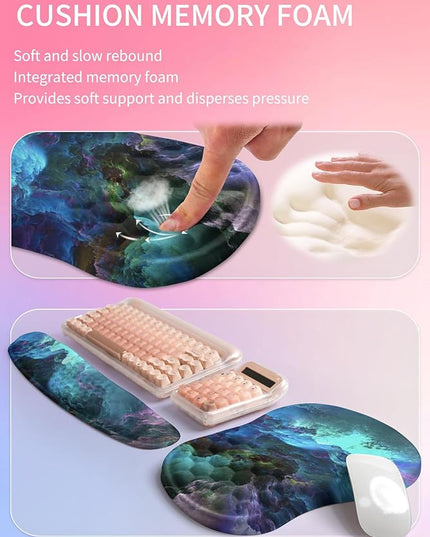 Hokafenle 2in1 Combination, Wave Keyboard Wrist Rest and Ergonomic Curvature Mouse Pad Wrist Support for Relieve Wrist Pain, Filled with Soft Cushion Memory Foam, Nebula Dreamland