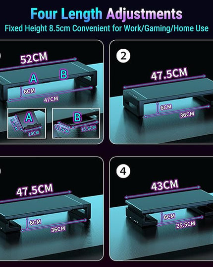 Yunseity Monitor Stand with 4 USB Ports, Height Adjustable Monitor Riser with Phone Charger, USB Ports Hub and Drawer Storage, RGB Lighting Desktop Organizer for Laptop TV Speaker