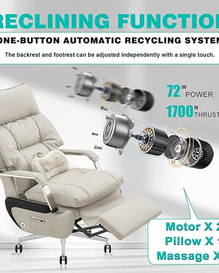 Dual Motor Executive Home Reclining Office Chair with Footrest - One-Click Electric Recline with Massage & Pillow Support Big and Tall PU Leather Ergonomic Desk Chair, High Back Wide Seat (White)