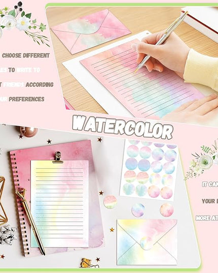 TaoBary 160 Pcs Stationery Paper Set 50 Double Sided Stationery Papers with 50 Matching Envelopes and 60 Round Dot Sticker, 10 Design(Watercolor,8.5 x 11 Inch)