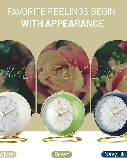 FLOITTUY Silent Table Analog Alarm Clock No Ticking, Lighted on Demand and Battery Operated, Beep Sounds, Small Desk Clock(White)