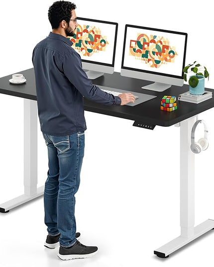 SANODESK Electric Standing Desk 55 x 28 Inches Whole-Piece Desktop Height Adjustable Stand Up Desk w/6-Button Controller Ergonomic Computer Desk for Home Office, White Frame + Black Tabletop