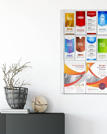 Weysat Acrylic Brochure Holder Wall Mount, Clear Plastic Pamphlet Holder Magazine Display Trifold Flyer Rack Hanging Literature Storage Organizer(2 Magazine Pockets, 8 Pamphlet Pockets)