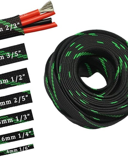 30ft PET Expandable Sleeving Wire Cable Sleeve (1/2", Green&Black)