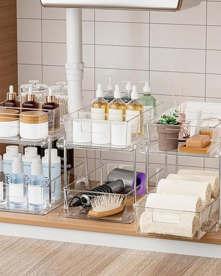 3-Pack Pull-Out Home Organizers, 2 Tier Clear Bathroom Organizer with Dividers, Multipurpose Vanity Counter Tray, Kitchen, Closet Organizers and Storage Container Bins for Cabinet, Pantry