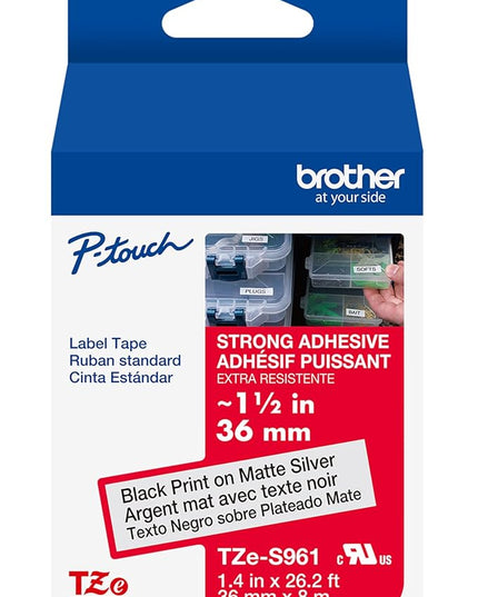Brother Genuine P-Touch TZe Black Print on Matte Silver Label Tape (TZeS961), Strong Adhesive Laminated,1-1/2in x 26.2ft (36mm x 8m), for Select P-Touch Label Makers, Water-Resistant, Extra Strength