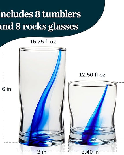 Libbey Blue Ribbon 16 Piece Tumbler and Rocks Glass Set, Infused Blue Ribbon Drinkware Glasses Set, Artisan Inspired Four-Dimple Shaped Rock Glasses, Dishwasher Safe Tumbler Glasses Set