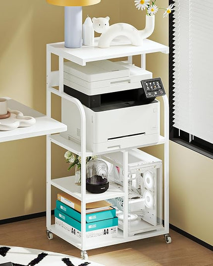 VEDECASA Mobile High Printer Stand with Power Outlet Charging Plugs USB Port Office Storage Shelf Includes Computer Tower CPU Stand Holder with Wheel (White)
