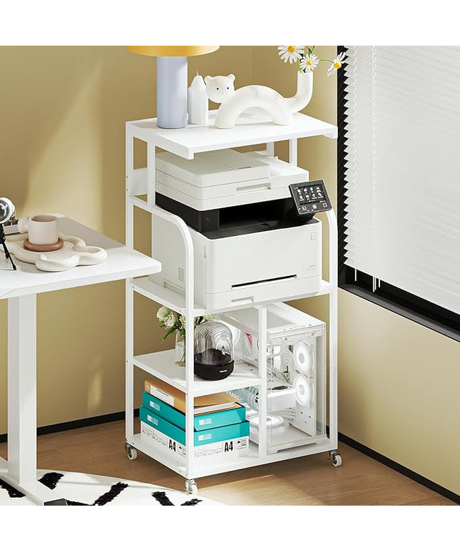 VEDECASA Mobile High Printer Stand with Power Outlet Charging Plugs USB Port Office Storage Shelf Includes Computer Tower CPU Stand Holder with Wheel (White)