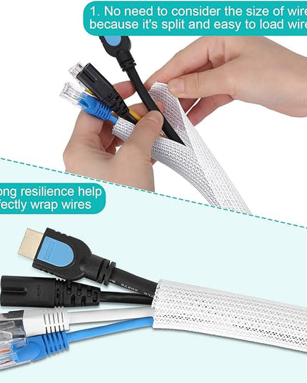 6.6ft - 2/3 inch White Cable Sleeve, Cable Organizer for Desk PC TV Computer, Wire Protector Cable Wrap Cover, Cord Management for Home Office