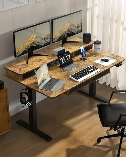 Electric Standing Desk, 63 * 30 Inches Adjustable Height with 4 Drawers, Double Storage Shelves Stand Up Desk, Home Office Workstation Sit Stand up Desk (Rustic Brown)