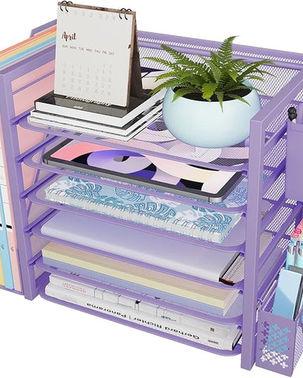 Simple Trending 6 Tier Desk File Organizer, Paper Letter Tray Organizer with File Holder and Pen Container, Purple