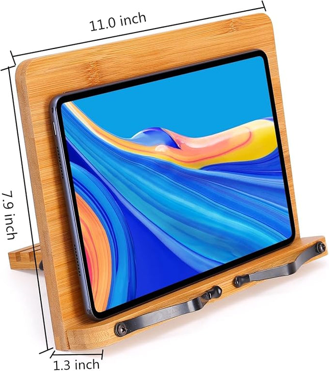 MEGREZ Bamboo Book Stand 11 x 8.0 inch, Foldable Cookbook Holder with 6 Adjustable Height, Reading Book Holder for Recipe, Music Book, Textbook, Tablet Stand, Stay Positive