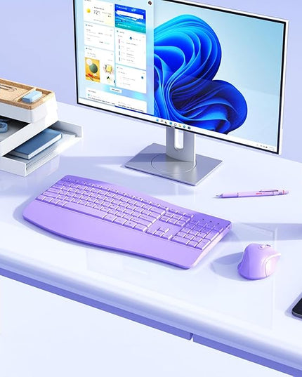 Ergonomic Keyboard and Mouse Combo - Full Size Keyboard Cordless with Palm Wrist Rest Ergonomic Mouse Wireless for Windows Computers Laptops - Light Purple (Upgrade)
