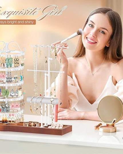 KALYLOC Jewelry Earring Holder Organizer, Adjustable 5 Tiers Rotating Earring Holder 3 Tier Necklace Holder with Wooden Base, Multi-Functional Jewelry Organizer Display Stand for Studs Bracelet Women