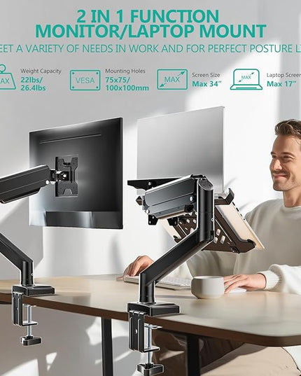 WALI Laptop Desk Mount, 2-in-1 Monitor Mount Fit 17” Notebook and 34” Monitors, Laptop Stand for Desk Adjustable Height, Gas Spring Monitor Arm with Laptops Holder, Up to 22-26.4lbs(GSMP001LPN), Black