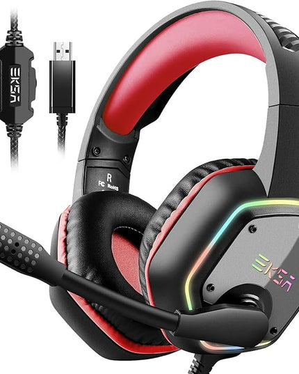 EKSA E1000 Gaming Headset, Computer Headphones with Noise Canceling Mic & RGB Light, 7.1 Surround Sound, Compatible with PC, PS4 PS5 Console, Laptop (Red)