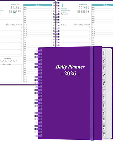 Daily Planner 2026 Full Page Per Day- 2026 Daily & Monthly Planner from January 2026 to December 2026, Day Planner 2026 with 12 Months Tabs, 8.5" x 11", Purple