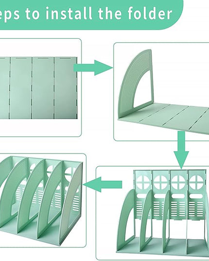 SAYEEC Sturdy Magazine Holder 4 Compartments Plastic Desktop File Organizer File Dividers Office Organizer Storage Document Magaizne Rack Display Box (Green)