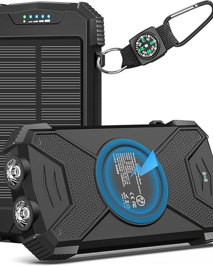BLAVOR Solar Power Bank 10,000mAh, Portable Wireless Charger, 20W Fast Charging External Battery Pack with USB C for Cell Phones, Solar Panel Charging with Dual Flashlight for Camping