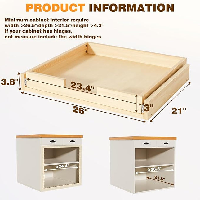 Grehitk Pullout Cabinet Organizer, 26''W×21''D×3''H Slide Out Shelves for Kitchen Cabinets, Pull out Drawers for Kitchen Cabinets, Pantry, Bathroom, & Storage Organization