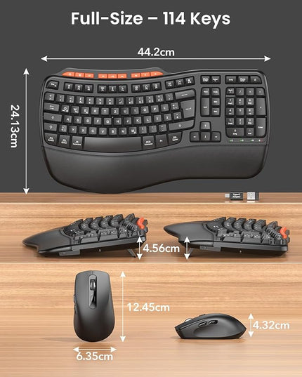 Ergonomic Wireless Keyboard and Mouse Combo, 2.4G Full Size Wave Key Board with Cushioned Palm Rest, Natural Typing, 3 DPI Adjustable Mouse, USB-A & C for Computer/Laptop/Mac/Tablet – Sablute