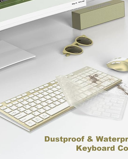 Wireless Keyboard and Mouse, USB Type C Rechargeable Slim Silent Keyboard Mouse, Compact Full-Size Keyboard with Number Pad and Cover for Windows, macOS, PC/Computer/Laptop - Gold