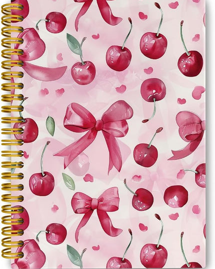 JKMBN Trendy Coquette Pink Bow Cherry Journaling Notebooks, Preppy Spiral Notebook, Cute Notebook Journal for Girls, Pink Office Supplies, Hardcover Spiral Lined Notebook 5.5 x 8.3