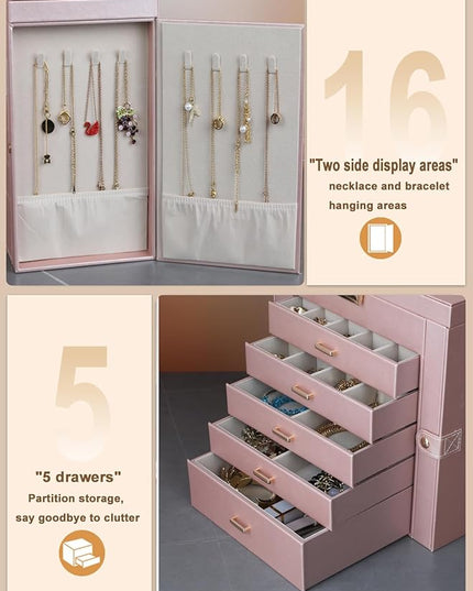 BOOVO Jewelry Box For women, 6 Layer Large Jewelry Organizer With Mirror, Multi-Function Storage Box With Lock, Necklace Holder With 5 Drawers, For Earrings Necklace Bracelet (Rose Gold and Gold)