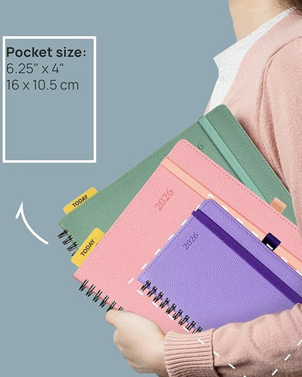 POPRUN 2026 Pocket Planner, (Small Size-4'' x 6.25'') - Daily Weekly and Monthly Calendar Agenda 2026 Appointment Book with Monthly Tabs, Spiral Soft Cover, Inner Pocket, 100 GSM - Aquamarine