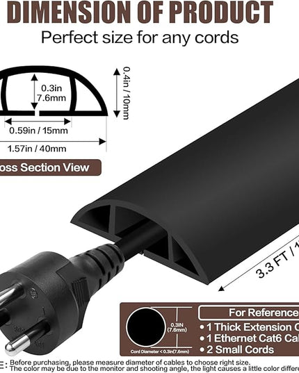 Floor Cord Cover Self Adhesive Cord Hider,3.3FT Cable Management, Extension Strip Protector for Wires, Prevent Cable Trips for Offices, Gyms, Exhibitions Cavity:0.51"(W) x 0.3"(H) Black