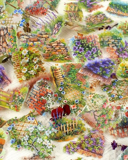 Dwpetzo Garden Flower Landscape Stickers for Journaling, 6 Themes Transparent PET Wildflower Brick Wall Fence Vines Stickers for Scrapbooking, Junk Journal Supplies, Collage, Planner, Mixed Media