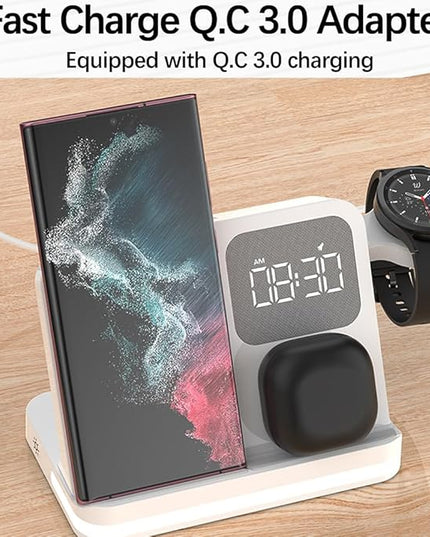 AYI 4in1 Multi Functional Wireless Charging Station with Digital Alarm Clock 15W Fast Charger Night Light Wireless Charger for All Qi Phone and Earbud Headphone Compliant with i-Watch-B22 White