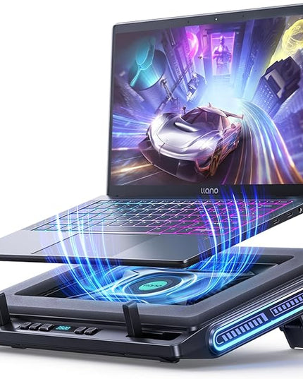 llano V10 Gaming Laptop Cooling Pad, RGB Laptop Cooler Stand with Powerful 4.72 Inch External Turbo Cooling Fan, Fast Cooling Computer 13-17.3in, Button Control, 3 Adjustable Stand, 4-Port USB C&A
