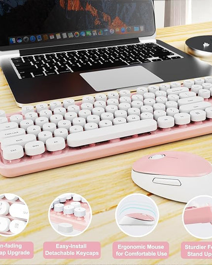 Wireless Keyboard and Mouse Combo, Ergonomic Full Size Typewriter Retro Round Keycaps Keyboard, Compatible with Windows, PC, Perfer for Home and Office Keyboards (Lovely Pink)
