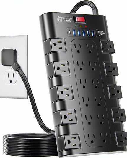 Flat Plug Power Strip, SUPERDANNY Surge Protector with 22 AC Outlets and 6 USB Charging Ports, 1875W/15A, 2100 Joules, 6.5Ft Heavy Duty Extension Cord for Home Office, Dorm, Gaming Room, Black