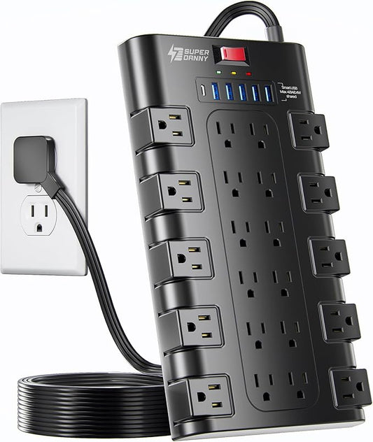Flat Plug Power Strip, SUPERDANNY Surge Protector with 22 AC Outlets and 6 USB Charging Ports, 1875W/15A, 2100 Joules, 6.5Ft Heavy Duty Extension Cord for Home Office, Dorm, Gaming Room, Black
