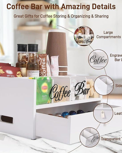 Intarsio 2-Tier Coffee Bar Organizer with Clear Acrylic Top, Built-in Drawer and Leather Handle Pull for Countertop, Stylish Coffee Station Storage Box for Accessories, Pods, Great Gifts for Home
