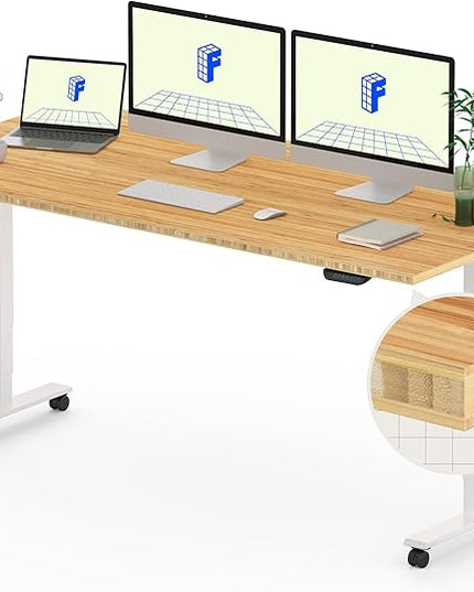 FLEXISPOT E6 MAX Bamboo 60x30 Inch Dual Motor 3-Stage Heavy Duty Standing Desk, 330lbs Weight Capacity, Height Adjustable Desk w/Cable Management & Wheels (Solid Bamboo Desktop + White Frame)
