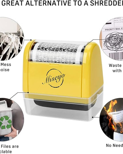 Miseyo Wide Identity Theft Protection Roller Stamp Set - Yellow (3 Refill Ink Included)