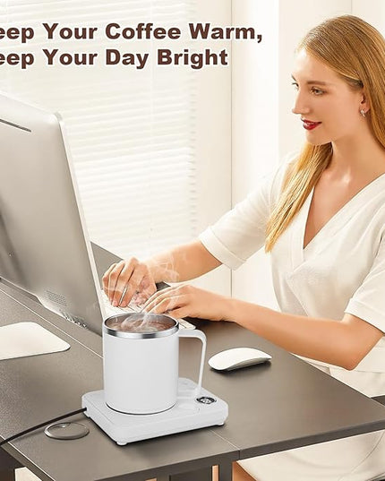 Felibeaco 16oz Heated Coffee Mug with Flat Bottom for Rapid Heating, Stainless Steel Heated Coffee Cup Suitable for Different Coffee Mug Warmer/Heaters, Heated Mug/Cup for Home and Office Desk,White