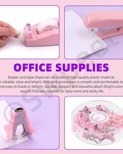 Swpeet 9Pcs Pink Office Supplies Kit, Desk Accessories Including Stapler, Tape Dispenser, Staple Remover, Tabs, Scissors, Staples, Tape, Clips and Sticky Note Ideal for Office and School