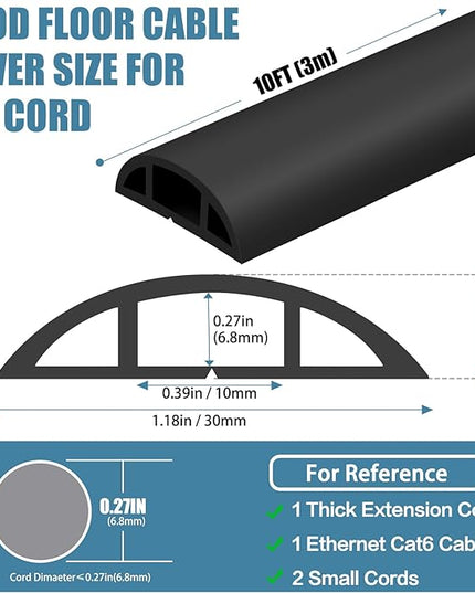 Floor Cord Covers for Wires 10FT Cable Hider Wire Coverr Self Adhesive Cord Hider Floor for Offices, Homes, Workshops, Warehouses Cable Cavity 0.47" W x 0.27" H