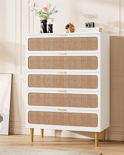 Garvee Rattan Dresser with 5 Drawers, Tall Modern Closet with Deep Storage, Large Chest of Drawers with Wide Top, Long Wooden Dresser for Bedroom, Living Room, Hallway, Kids Room, White